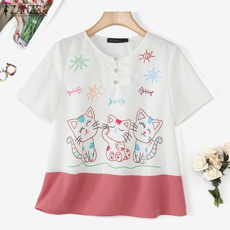 ZANZEA Women Casual Round Neck Summer Short Sleeve Print Blouse