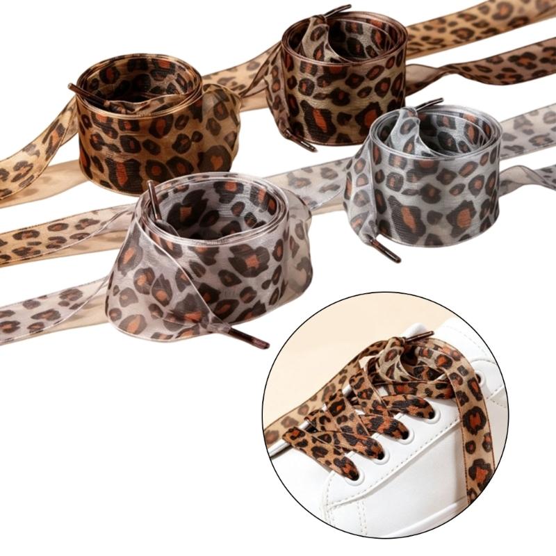 Replacement Ribbon Shoelaces for Canvas Shoes and Sneakers, Leopard Print Sheer Shoelace with Aglets for Footwear Styling, 4 Pair