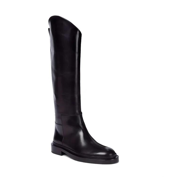 European and American Ladies Fashion Round Toe Knee Length Flat Leather Boots, Size 34-46 Women's Knight Boots