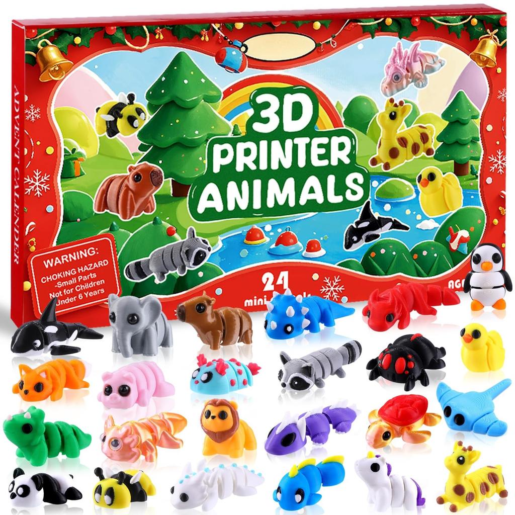 Christmas Advent Calendar with Mini 3D Printed Animals  24 Days with Big Eyes Flexible Fidget Kids Xmas Party Favors Gifts