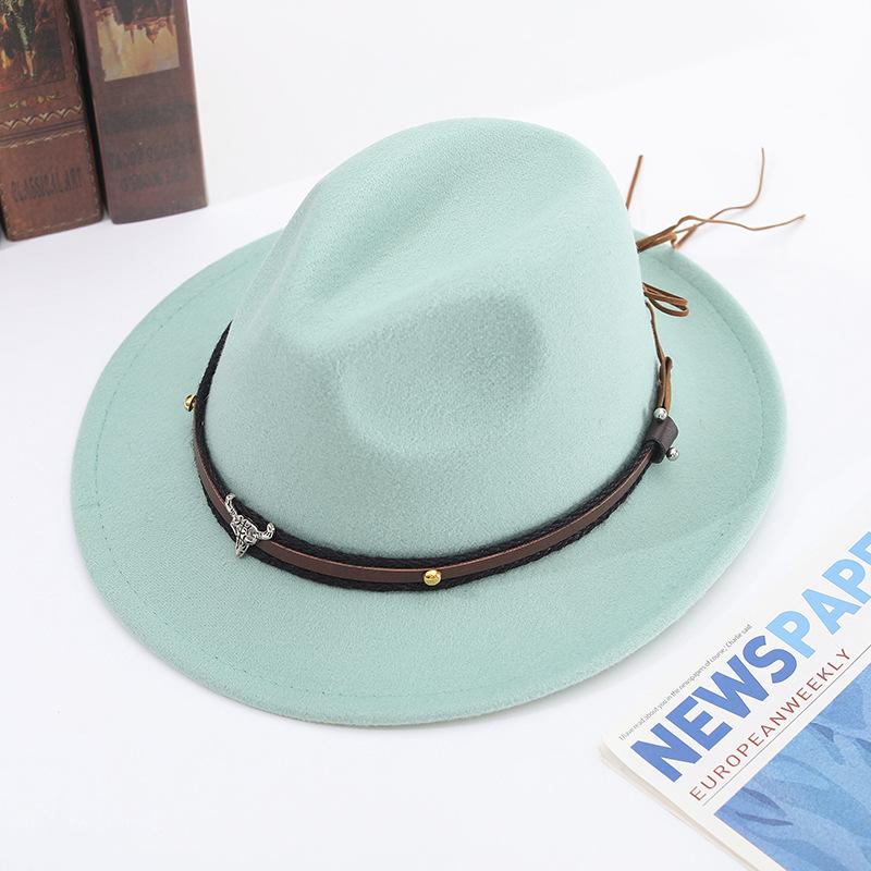 Zylinderhut Frühling und Herbst Jazzhut Hut mit großer Krempe Stierkopf Gürtel Accessoires Filzhut Tide