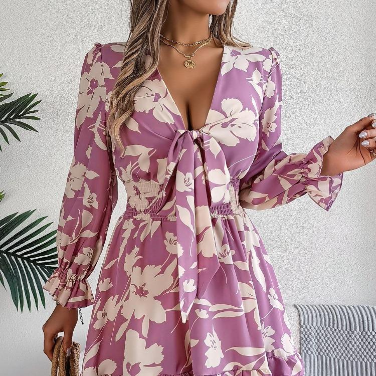 Autumn Winter Women Lace Up Print High Waist Long Sleeve Pleated Dress Elegant Fashion