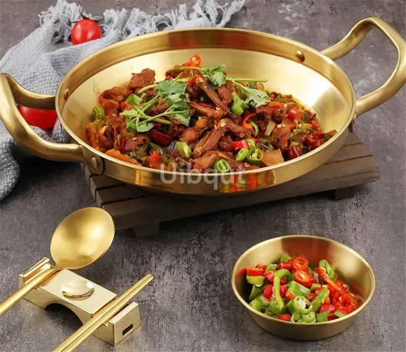Stainless Steel Gold Golden Seafood Rice Pot Home Cooking Paella Pan Picnic Snack Plates Cookware Saucepan Dry Pots with Handle