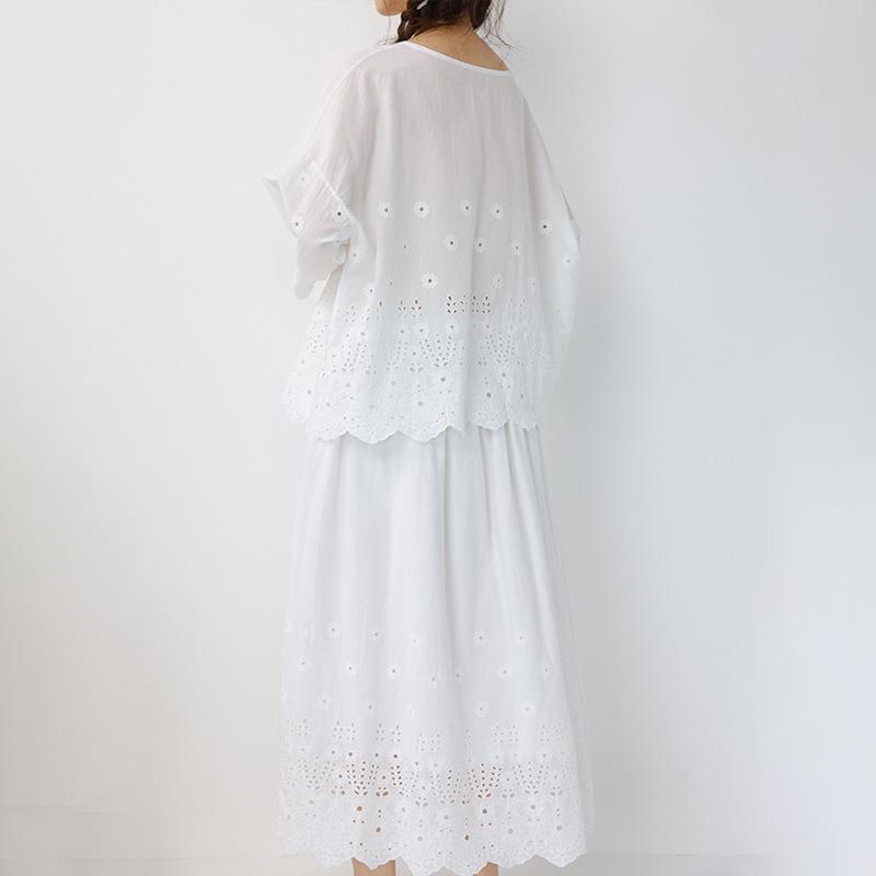 Japanese Literary Embroidered Lace Long Sleeve T-shirt & Skirt Set - Women's Pure Cotton Casual Fashion