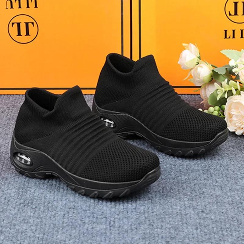 Women'S Platform Shoes Knitted Mesh Breathable Anti Slip Walking Shoes Comfortable Sliding Sleeves Height Increasing Mother Shoe