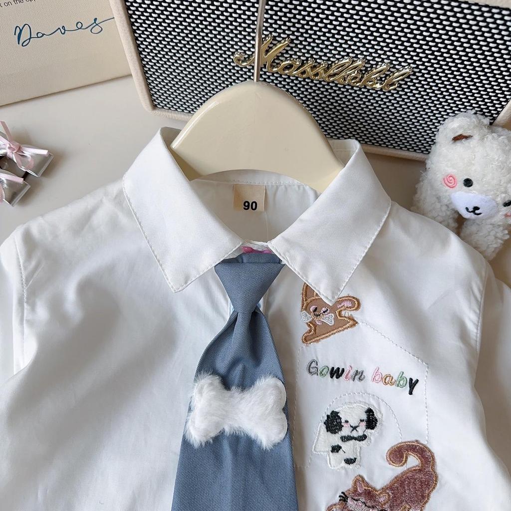 Girls' Cartoon Puppy Two-Piece Set: Shirt & Pleated Skirt with Tie - Mori Girl Style