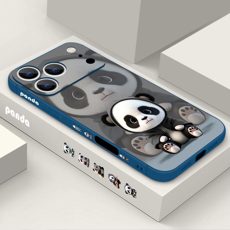 For iPhone 17 Pro Max Case Black Coat Panda Pattern Soft Silicone Lanyard Cover For iPhone 16 Pro Max Cover iPhone 15 14 13 12 11 16E Air