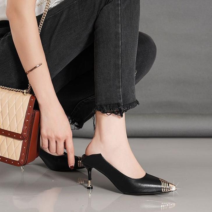 Spring New Medium Heel Women's Shoes Black Small Leather Shoes Stiletto Professional High Heels Spring Single Shoes Women