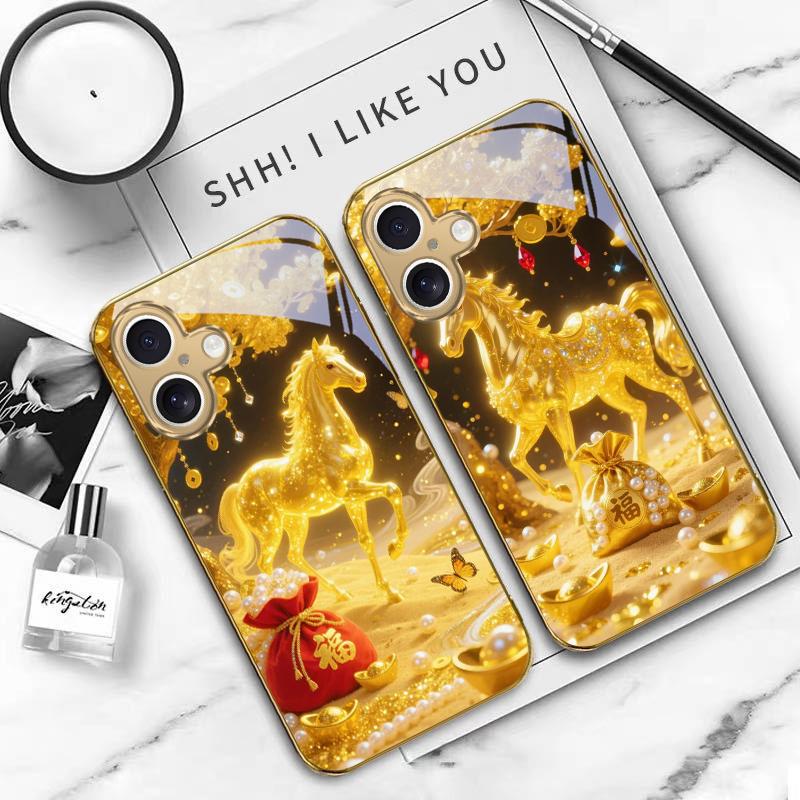 The Golden Lucky Horse For iPhone 17 Pro Max 16 16E 15 14 13 Plus 12 Mini 11 15Pro 17 Air XR X 17ProMax Golden Glass Phone Case