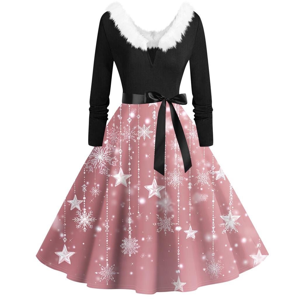 Women's Fashion V-Neck Casual Slim Christmas Printed Long Sleeve Hair Collar Dresses