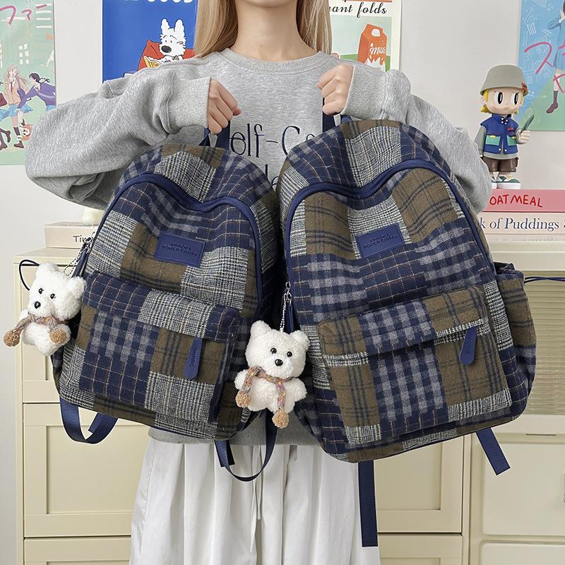 Sac à dos à carreaux rétro pour femme Sac d'école pour étudiant