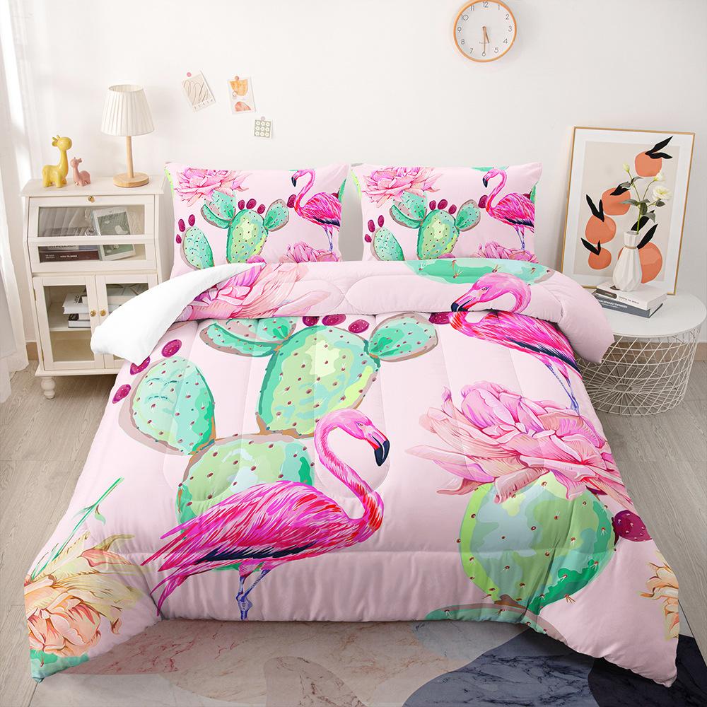 Cartoon Flamingo Duvet Cover Set, Tropical Leaves Comforter Cover Palm Tree Pattern Bedding Set, Colorful Polyester Quilt Cover