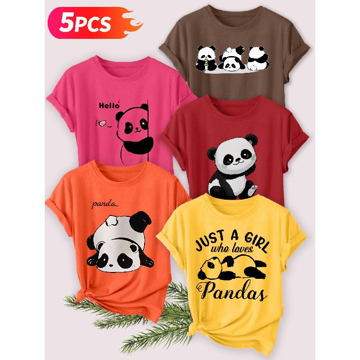 Five-piece set Elegant short-sleeved shirt for women Panda series printed round-neck women's short-sleeve shirt is suitable for spring and summer