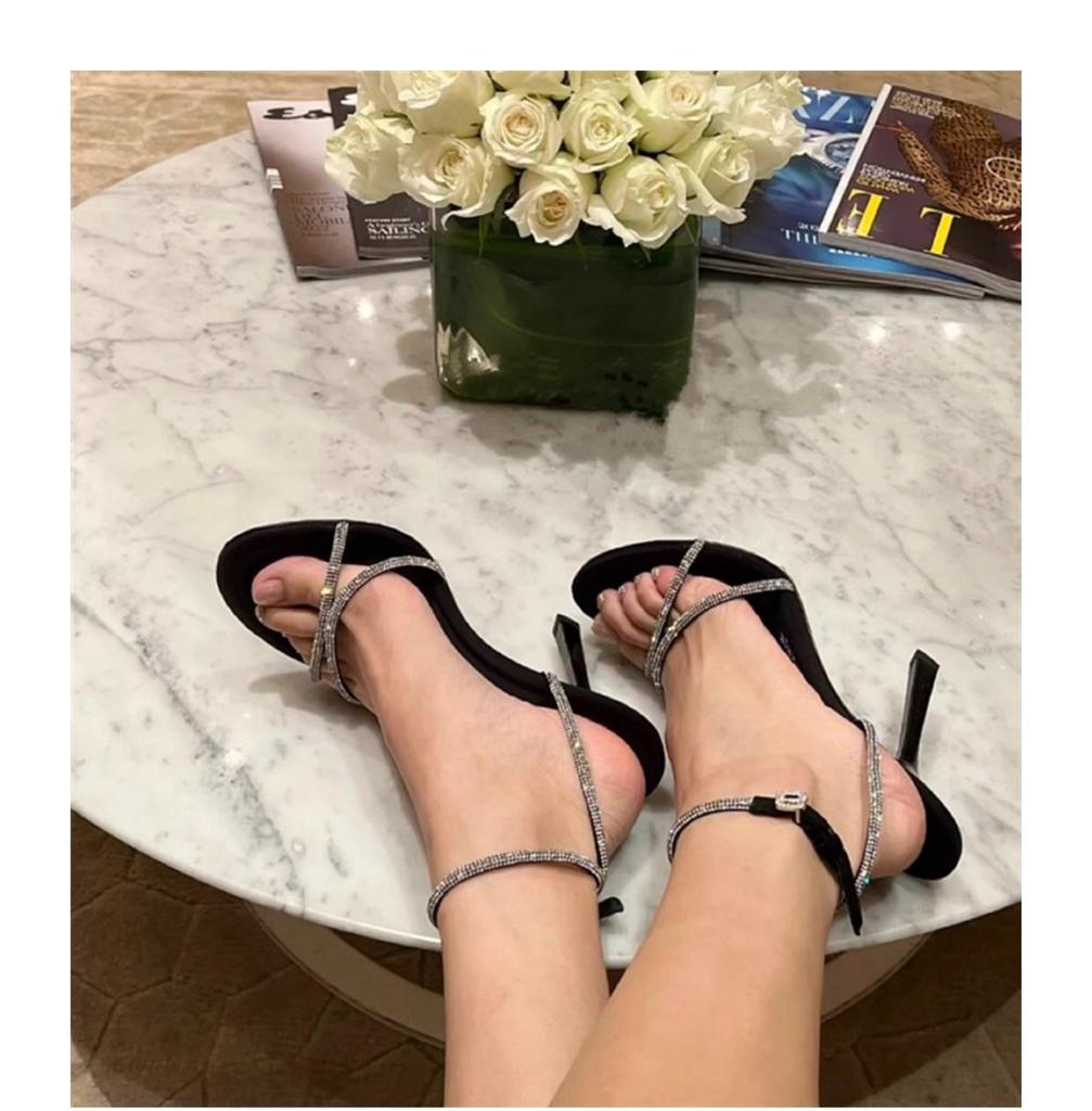 2024 Summer New High Heels Women's Temperament Rhine-diamond Cross-band Hollow Sexy Pointy Thin Heel One-line Strap Sandals