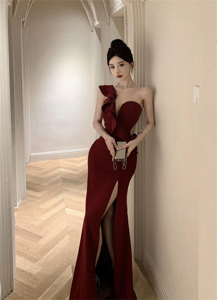 Premium Sensual Sexy Ruffle Evening Dress Elegant Atmosphere Single Shoulder Banquet Host Car Model Split Skirt