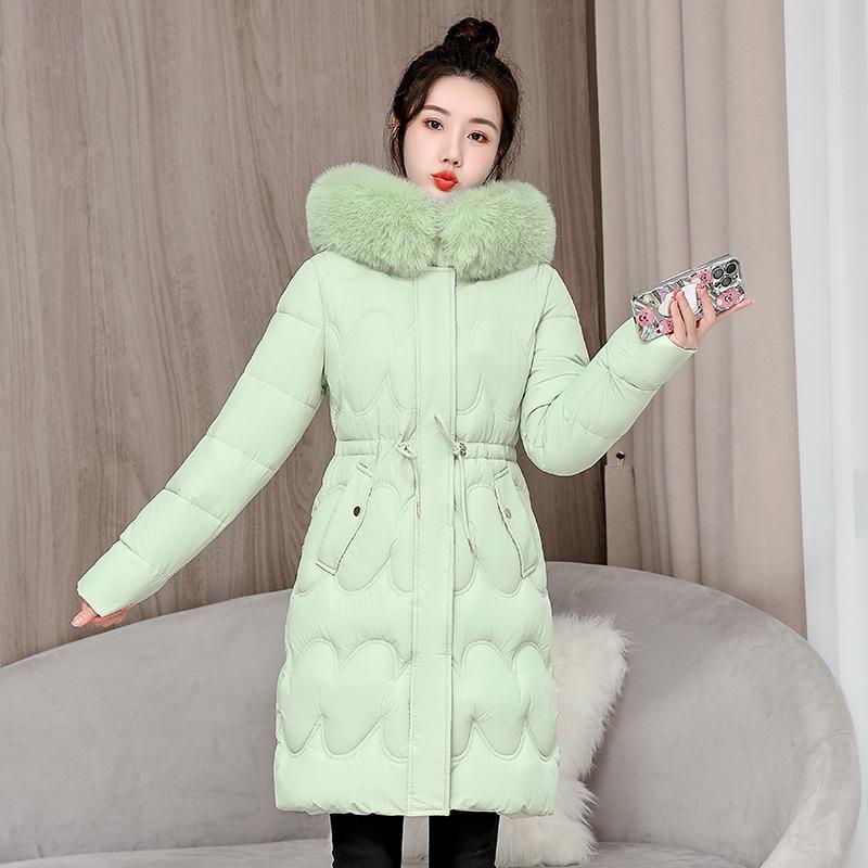 

Зима 2025 новый стиль пуховик женский средней длины приталенный силуэт капюшон шерстяной воротник большой размер хлопковая куртка XXXL