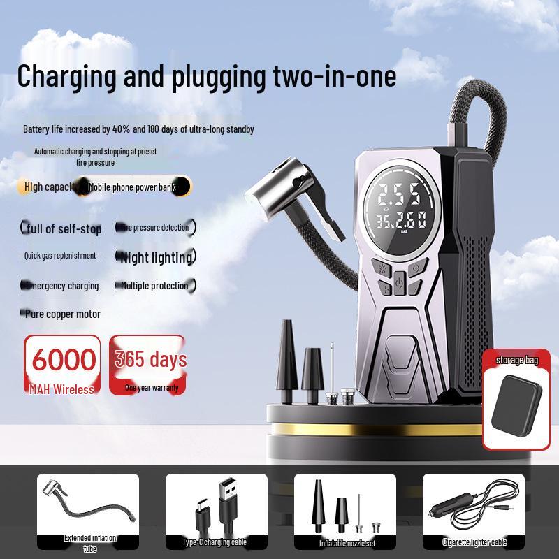 Car Wireless Inflator & Jump Starter Power Bank with Emergency Air Pump.
