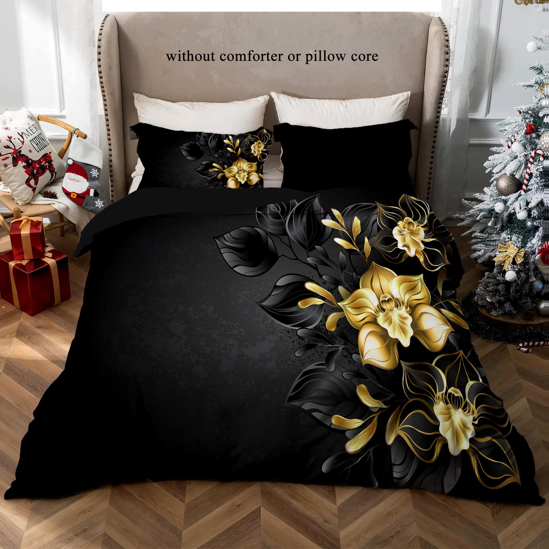 

Gold Orchid Print Quilt Cover Pillowcase 3D Digital Three-Piece Set Home Textile Nordic Style 135 * 200cm 50 * 80cm * 1 two-piece set