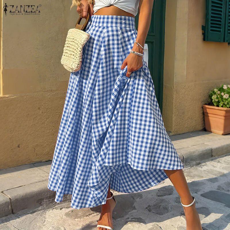 ZANZEA Women Summer Plaid Print Loose Casual Long Skirts