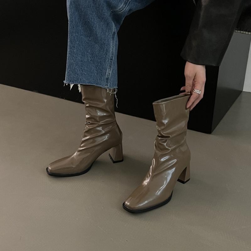 French Temperament High-heeled Thin Short Boots Women's Shoes 2025 New Autumn and Winter Pleated Square Head Short Boots Children