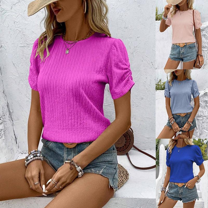 Ladies Summer wrinkle short Sleeve Solid Color Pullover T Shirt Top