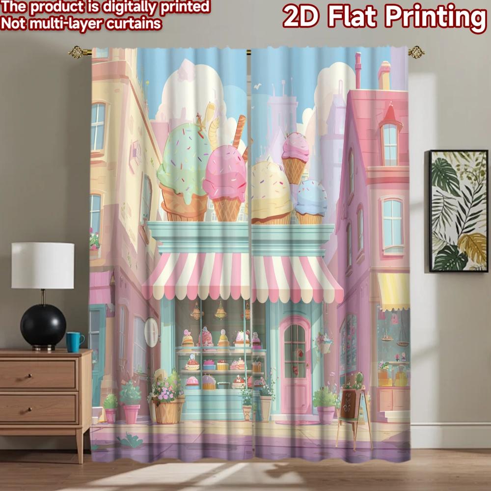 2D Flat Printing 2pcs Party Curtains Cute Cupcakes Kawaii Bakery Shop Digital Printed Polyester Drapes Seasonal Party & Holiday