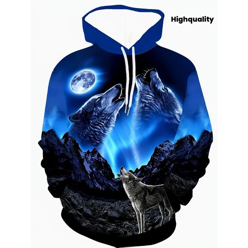 American Men's Autumn Moon Wolf Roar Print Comfortable Soft Hooded Sweatshirt Long Sleeved T-shirt Outdoor City Street Style Top