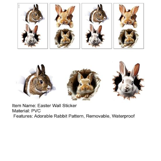 4 Sheets Easter Bunny Wall Sticker Waterproof Self-adhesive 3D Effect Broken Wall Simulation Rabbit Home Living Room Wall Art Decoration Decal