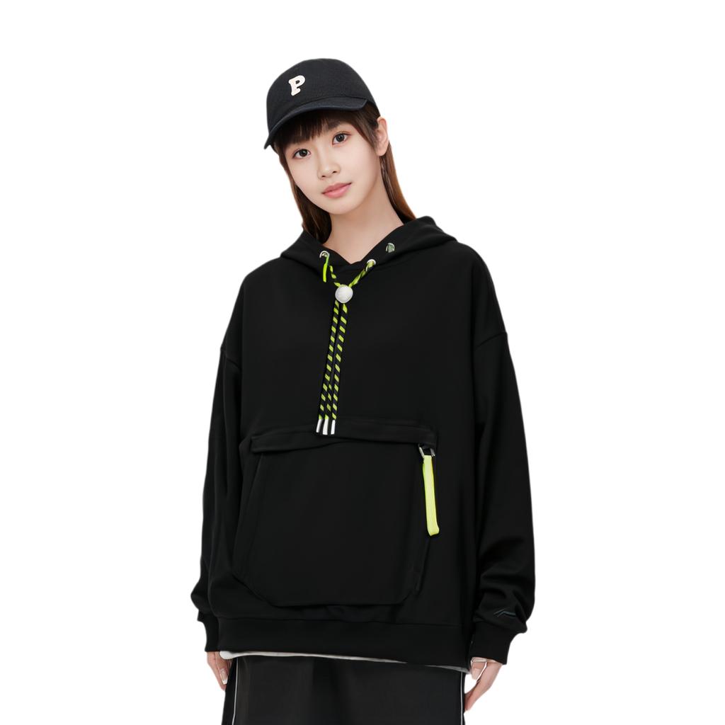 Li Ning Geometric Pattern Printed Hooded Fleece Loose Pullover Hoodie Unisex Hoodies Black AWDSC77-3