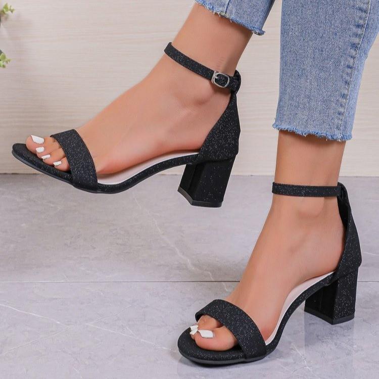 

2025 новые женские босоножки на высоком каблуке с открытым носком и круглой головкой, большого размера, с пряжкой в виде одного слова 43 чёрный