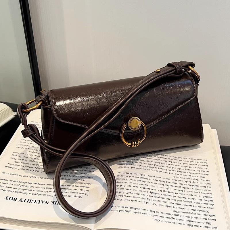 Dark Brown Oil Wax Leather Baguette Crossbody Bag For Women Vintage Style Shoulder Bag With Metal Ring Buckle For Daily Use