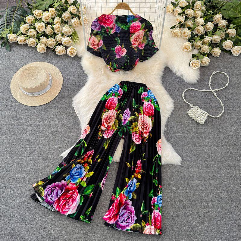 

Socialite Elegant Pleated High Waist Straight-leg Fashion Suit Black background pink flower with purple flower XL