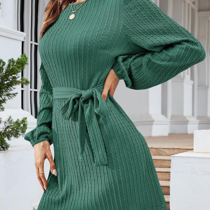 GMXIA Dámská móda Podzim Zima Jednobarevný potisk Neformální šaty s dlouhým rukávem do O výstřihu s vysokým pasem