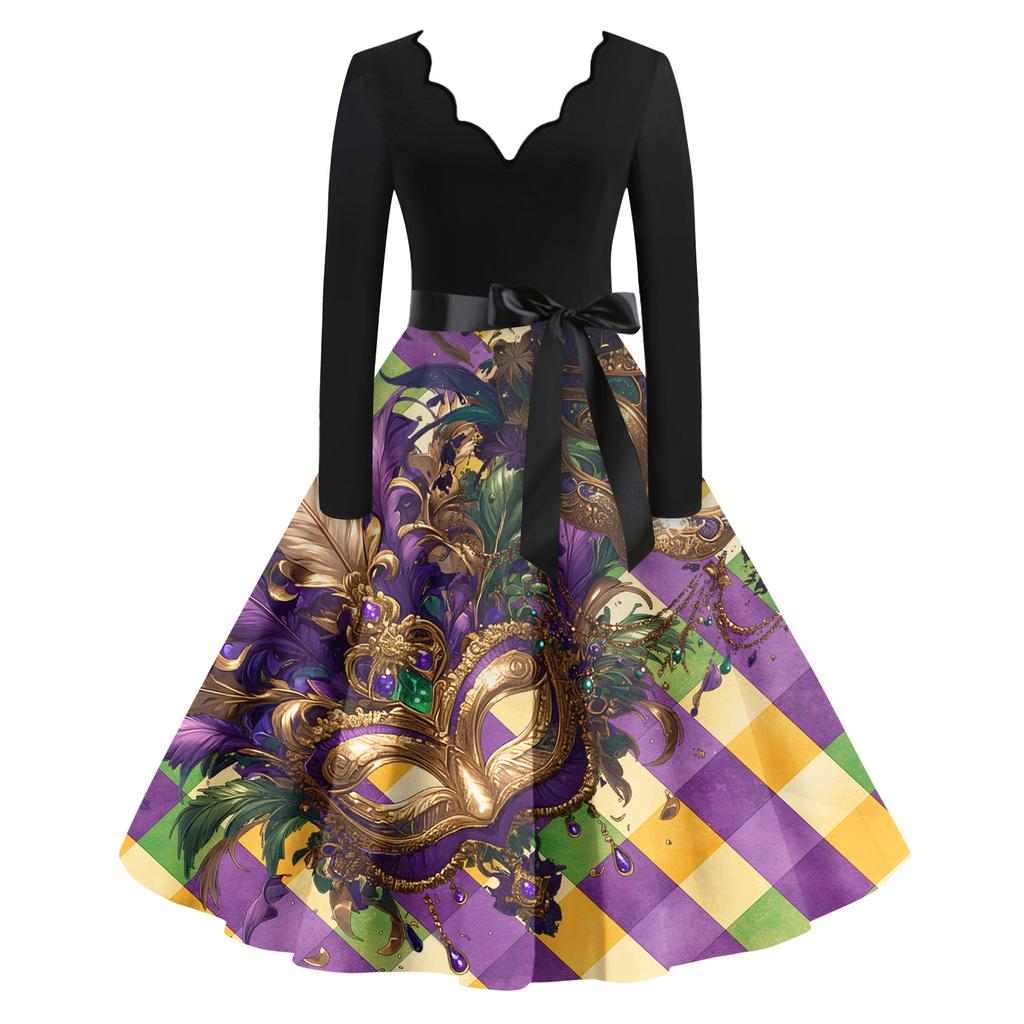 Women's Casual Fashion V Neck Long Sleeve Printed Vintage Long Dress