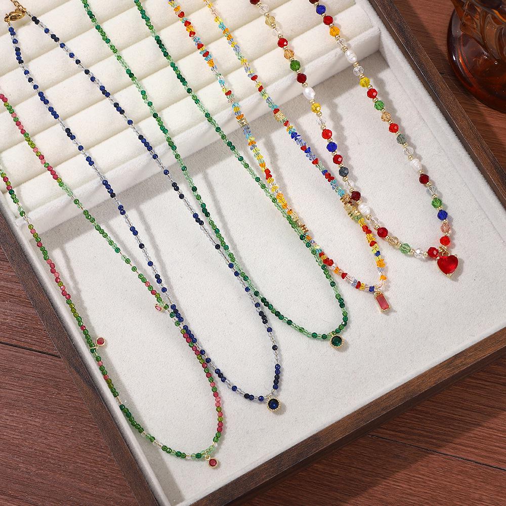 Colorful Retro Dopamine Rice Bead Necklace with Natural Stones and Thin Chain
