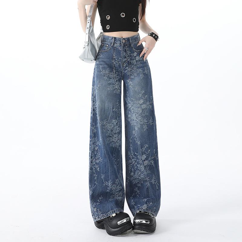 Flower blue jacquard jeans women's summer and autumn new design loose wide-leg pants retro straight pants