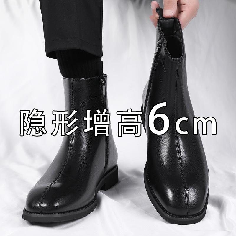 Chelsea boots men's winter velvet zipper British leather shoes men's high-top black inner height-increasing Martin boots men's