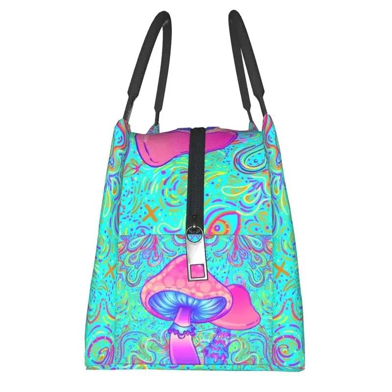 Mushroom Trippy Psychedelic Neon Pastel Goth Insulated Lunch Bags Leakproof Cooler Thermal Lunch Box Beach Camping Travel