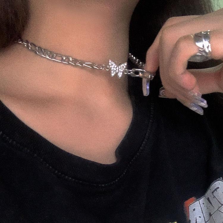 Trendy Rhinestone Butterfly Necklace: Japanese & Korean Fashion, Titanium Steel, Hip Hop Street Style