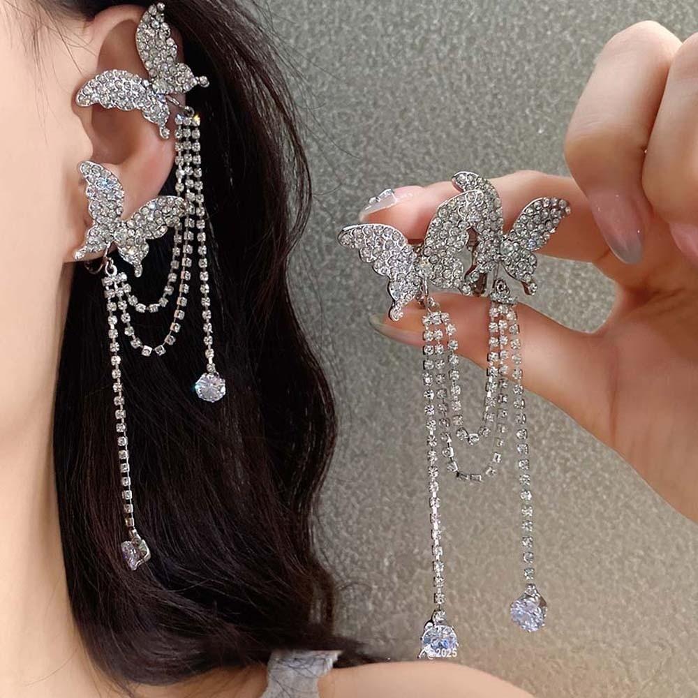1 pair Luxury Silver Tassel Ear Clip Long Shiny Temperament Eardrops  Women