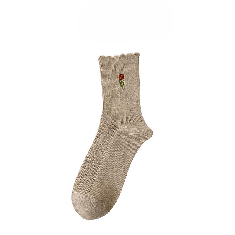Women's Spring and Summer Tulip Flower Embroidered Mid Calf Cotton Socks