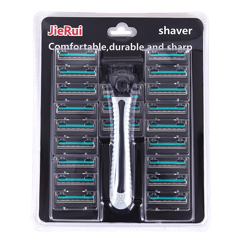 

В наличии: Набор бритв Jie Rui из нержавеющей стали, двухслойный - включает 1 ручку и 21 мужское лезвие для ручного бритья.