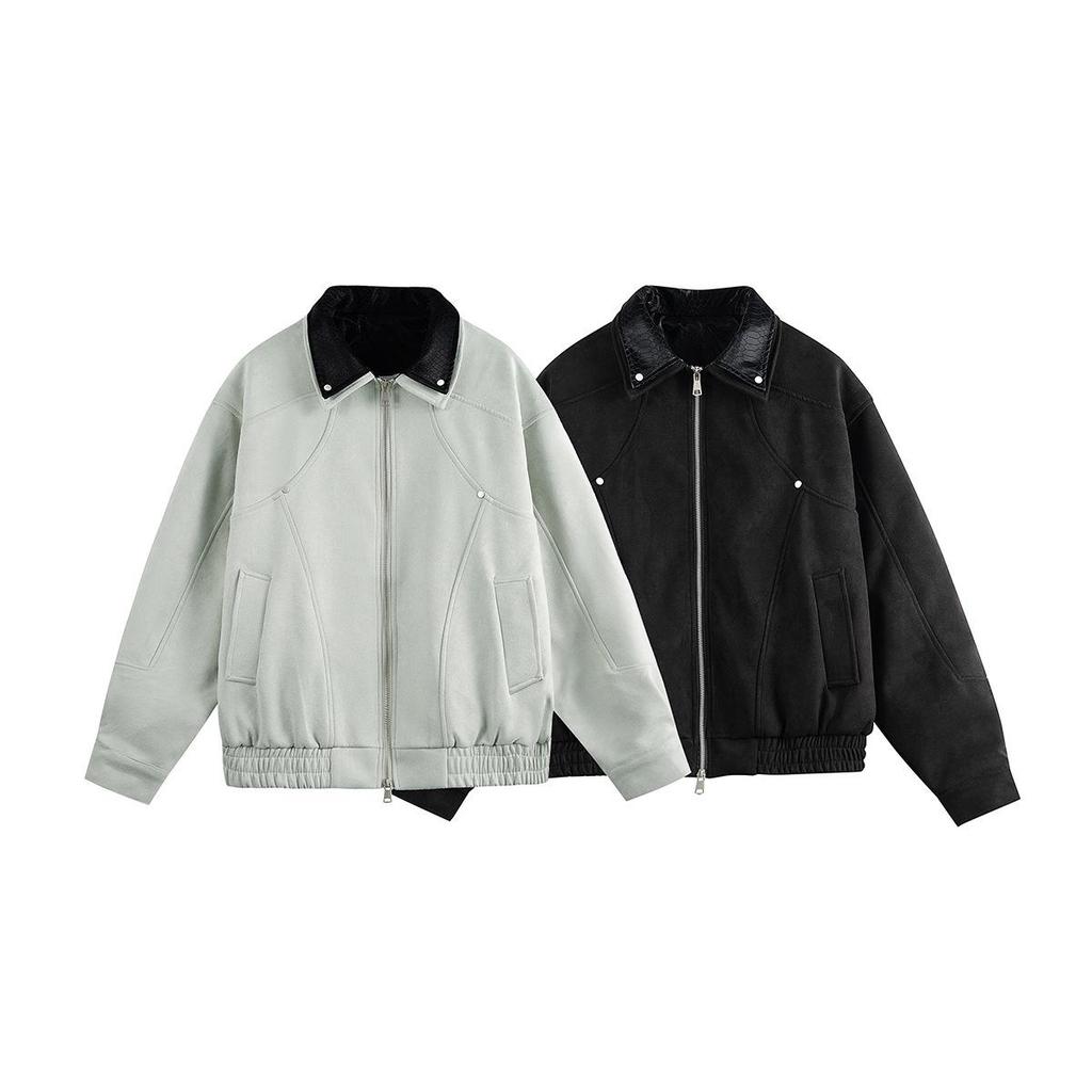 QIYOU 2025 Autumn Patchwork Unisex Suede Workwear Jacket with Double-Layer Collar