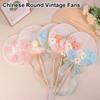 1Pcs New Long Handle Chinese Round Fans Fabric Flower Butterfly Vintage Fan Retro Style Fan Home Decoration Ornament