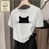 Black Cat Peeping Printed WomenCasual Round Neck Short Sleeved Cat Printed Pure Cotton Tshirt Fashionable and Comfortable Shirt