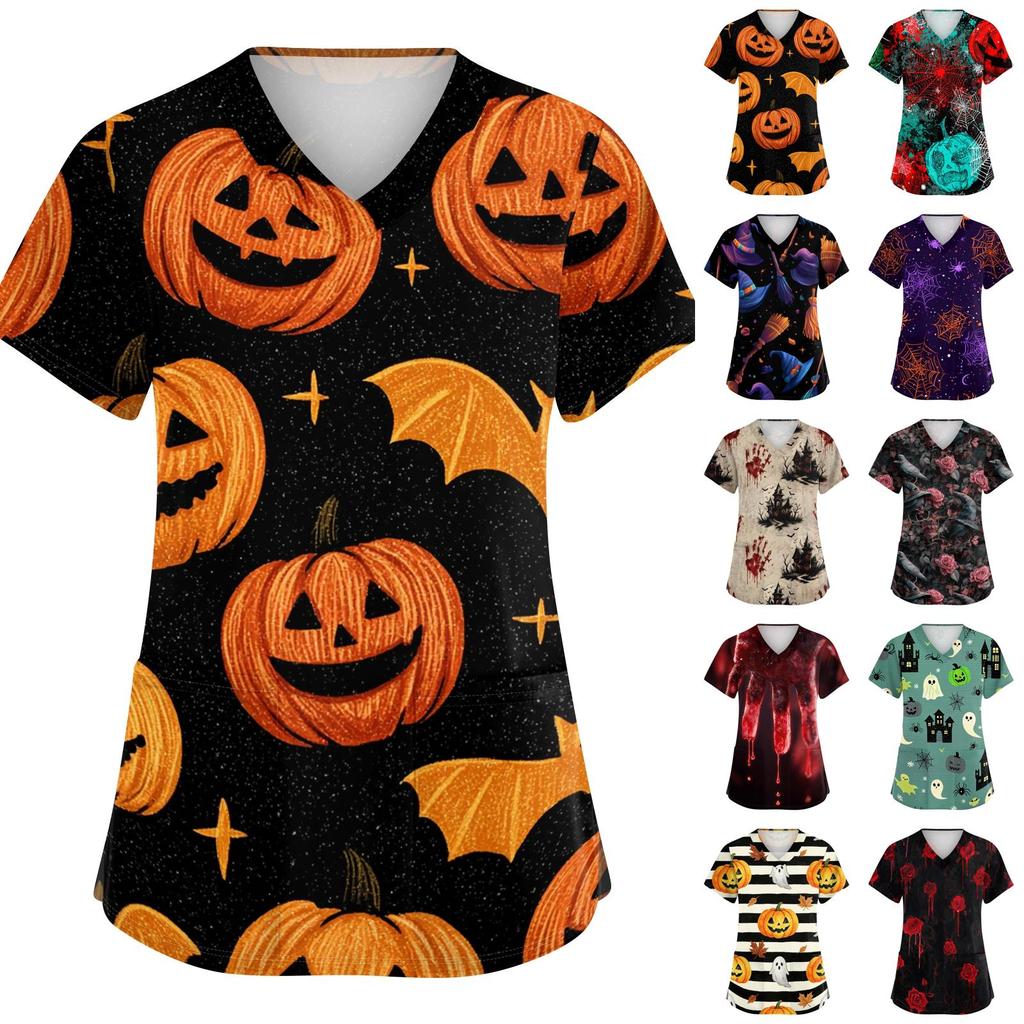 Haut d'uniforme médical à manches courtes et col en V pour femme avec poches Chapeau de sorcière d'Halloween et imprimé Uniforme de travail pour infirmière aide-soignante