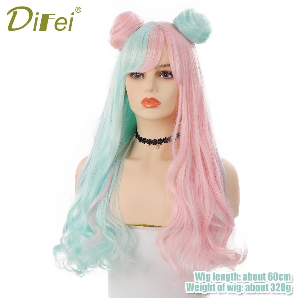 WTB Highlights Lange Lockige Haare Synthetische Perücke Weiblich Harajuku Stil Gerader Pony Flauschig Bunte Highlights Lockige Haare Perücke