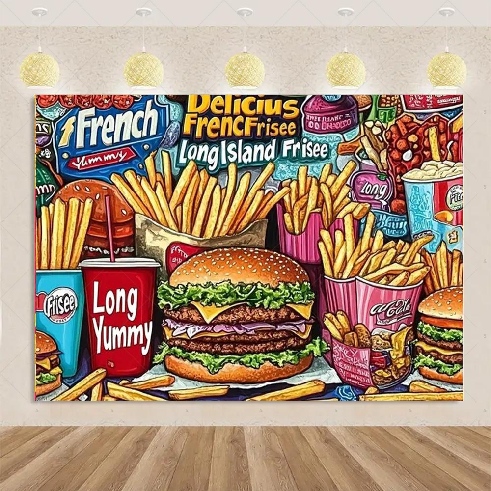 

Pizza Hamburger Backdrop Supplies Quick Food Kid Birthday Party Decoration Cola French Fries Background Banner Photography Prop 90x60 CM