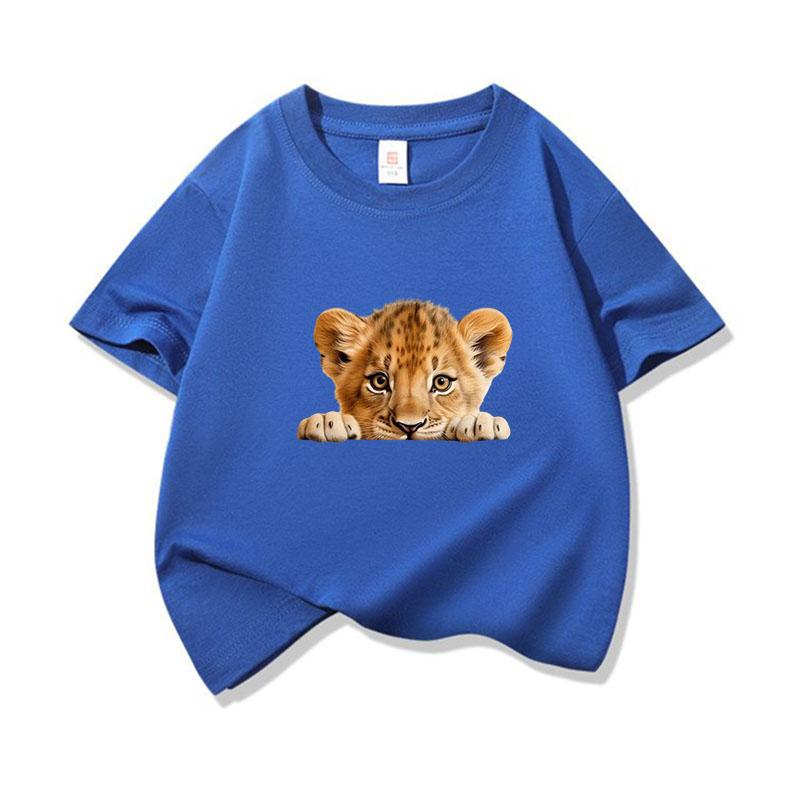 Kids Cotton T Shirt Cute Peeking Lion Cub Print Crew Neck Short Sleeve Tee Casual Breathable Boys Girls Summer Tops