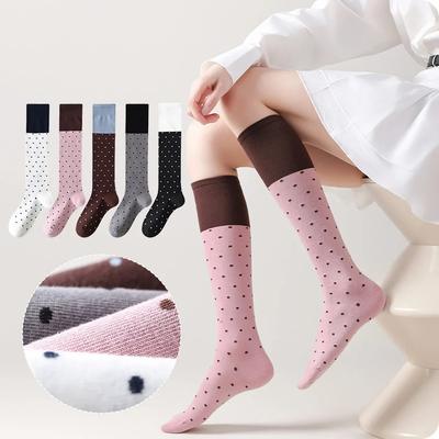 Damen Weiche Baumwolle Gepunktet Lange Socken Color Blocking Knielang Strümpfe Süß Koreanisches Mädchen Harajuku College Plüschsocken